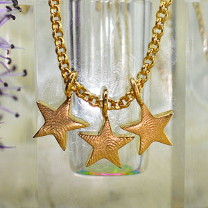 Three Family Dainty Star Fingerprint Necklaces in solid 18ct gold | Necklace for Mum | Children's Fingerprints | Displayed on an 18ct gold belcher or rolo chain | Custom engraving on reverse | Personalised Necklace | Sophia Alexander Fingerprint Jewellery | Handmade in Suffolk UK