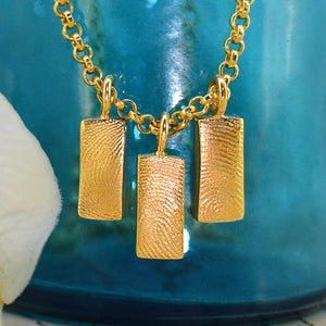 Three Family Dainty Bar Fingerprint Necklaces in solid 18ct gold | Necklace for Mum | Children's Fingerprints | Displayed on an 18ct gold belcher or rolo chain | Custom engraving on reverse | Personalised Necklace | Sophia Alexander Fingerprint Jewellery | Handmade in Suffolk UK