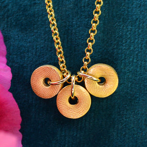 Three Family Dainty Halo Fingerprint Necklaces in solid 18ct gold | Necklace for Mum | Children's Fingerprints | Displayed on an 18ct gold belcher or rolo chain | Custom engraving on reverse | Personalised Necklace | Sophia Alexander Fingerprint Jewellery | Handmade in Suffolk UK