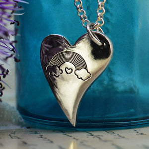 Rainbow Baby Necklace with rainbow, clouds and heart engraving | Silver Heart Necklace | Baby Handprint Footprint Necklace | Personalised Necklace | Sophia Alexander Fingerprint Jewellery | Handmade in Suffolk UK