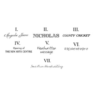Sophia Alexander Engraving Style Sheet for Hand Engraved Jewellery | Fonts shown in black ink on white paper | Engraving Font Options for petite necklaces | Sophia Alexander Fingerprint Jewellery | Handmade in Suffolk UK