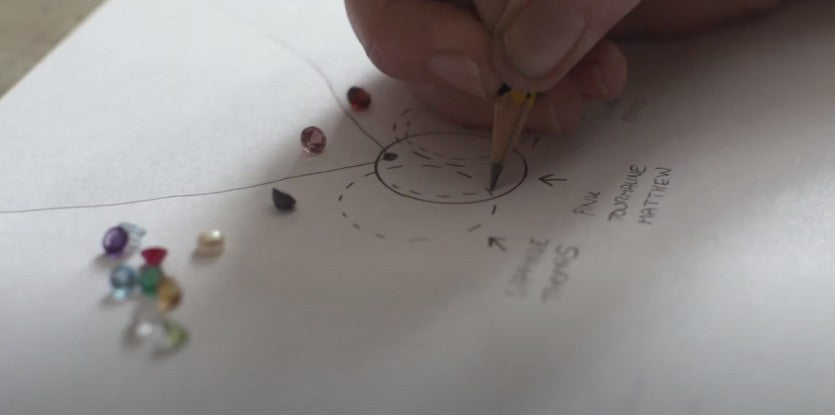 A hand draws a design for a new necklace on a white piece of paper with a pencil.  There are birthstones and gemstones scattered over the surface of the paper. 