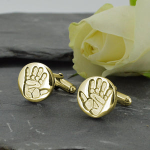 Two disc shaped cufflinks in solid gold with two children's handprints | Adjustable Cufflink backs | Custom Personalised Gift | Sophia Alexander Fingerprint Jewellery | Handmade in Suffolk UK