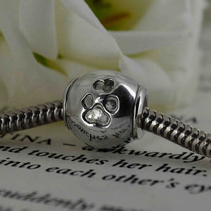 Silver Charm Bead with Dog Pawprint | Charm Bracelets | Sophia Alexander Fingerprint Jewellery | Handmade in Suffolk UK