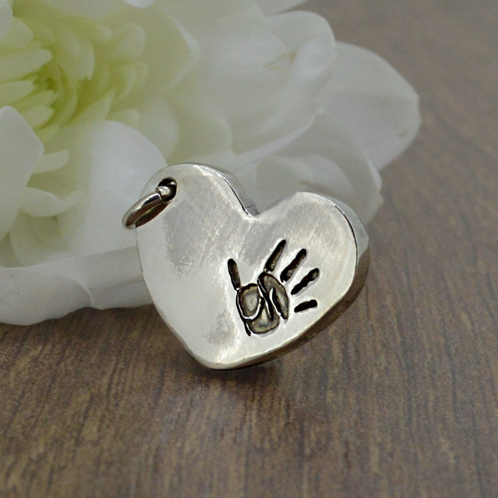 Silver Puffed-Heart Handprint Charm | Charm Bracelets | Sophia Alexander Fingerprint Jewellery | Handmade in Suffolk UK