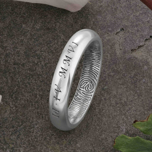 Gold Fingerprint Ring - LASER ENGRAVED WHITE GOLD FINGERPRINT RING 4mm COURT PROFILE. Engraved Calligraphy Roman Numeral Date.