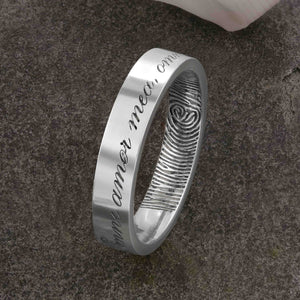 Gold Fingerprint Ring - LASER ENGRAVED WHITE GOLD FINGERPRINT RING 4mm FLAT PROFILE. Engraved Latin Inscription.