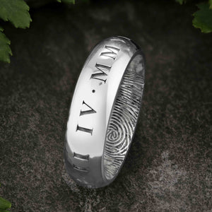 Gold Fingerprint Ring - LASER ENGRAVED WHITE GOLD FINGERPRINT RING 6mm COURT PROFILE. Engraved Roman Numeral Date.