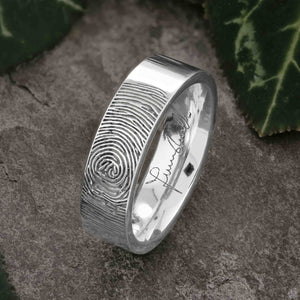 Gold Fingerprint Ring - LASER ENGRAVED WHITE GOLD FINGERPRINT RING 6mm FLAT PROFILE. Engraved Signature.