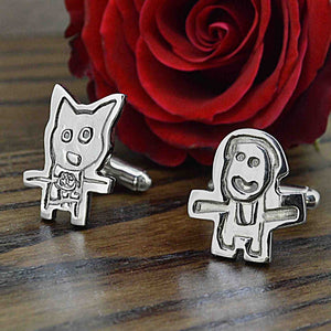 Children's Drawing Cufflinks in solid silver | Each cufflink shows a child's real drawing or special picture | First piece of artwork | Adjustable cufflink backs | Custom personalised gift | Sophia Alexander Fingerprint Jewellery | Handmade in Suffolk UK