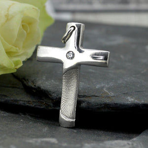 Solid White Gold Cross Necklace with real Fingerprint | Diamond set | Personalised Necklace | Sophia Alexander Fingerprint Jewellery | Handmade in Suffolk UK