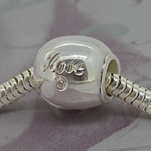 Silver Charm Beads with Diamond and Name Engraving | Charm Bracelets | Sophia Alexander Fingerprint Jewellery | Handmade in Suffolk UK