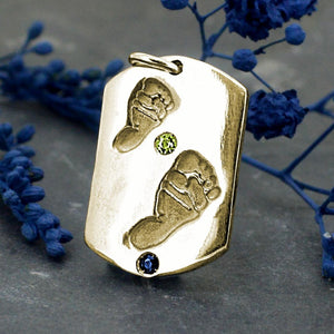 Gold Footprints DogTag with Sapphire and Peridot | Personalised Necklace | Sophia Alexander Fingerprint Jewellery | Handmade in Suffolk UK