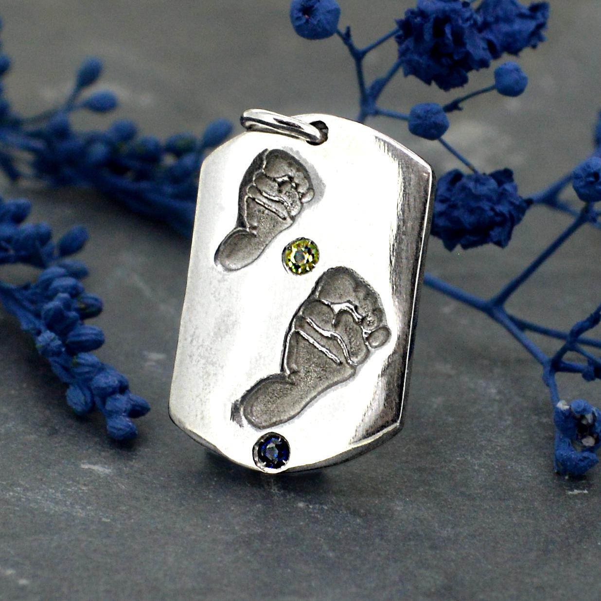 Silver Footprints DogTag with Sapphire and Peridot | Personalised Necklace | Sophia Alexander Fingerprint Jewellery | Handmade in Suffolk UK
