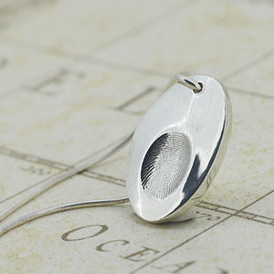 Silver Engraved Oval Fingerprint Necklace | Personalised Name Necklace | Sophia Alexander Fingerprint Jewellery | Handmade in Suffolk UK