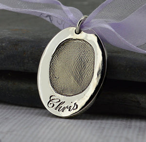 Gold Oval Fingerprint Necklace with engraved name | Personalised Necklace | Sophia Alexander Fingerprint Jewellery | Handmade in Suffolk UK