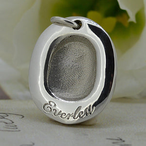 Silver Engraved Oval Fingerprint Necklace | Personalised Name Necklace | Sophia Alexander Fingerprint Jewellery | Handmade in Suffolk UK