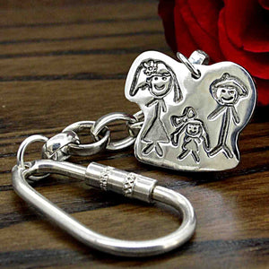 Large Shaped Pendant in solid silver with a child's real drawing or special picture | Personalised Gift shown on a keyring with a chain | Sophia Alexander Fingerprint Jewellery | Handmade in Suffolk UK