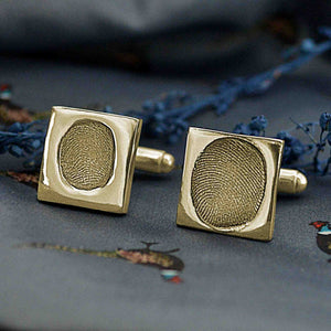 Two square shaped cufflinks in solid gold with two children's fingerprints | Adjustable Cufflink backs | Custom Personalised Gift | Sophia Alexander Fingerprint Jewellery | Handmade in Suffolk UK
