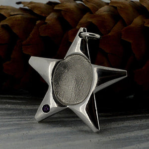 Solid White Gold Star Necklace with real Fingerprint | Set with an Amethyst Gemstone - Birthstone for February | Personalised Necklace | Sophia Alexander Fingerprint Jewellery | Handmade in Suffolk UK