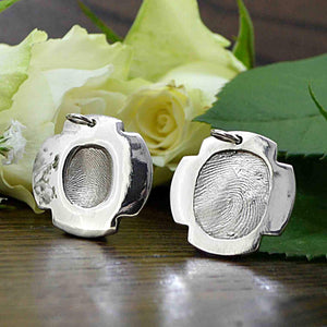 Two Solid White Gold Cross shaped Necklace with real Fingerprint | One adult and one child fingerprint| Personalised Necklace | Sophia Alexander Fingerprint Jewellery | Handmade in Suffolk UK