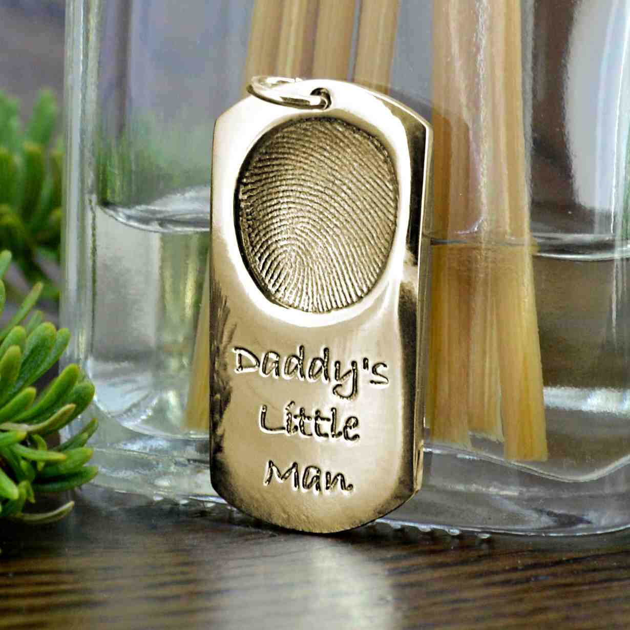 Solid Gold dog tag pendant with real child's fingerprint | Engraved with Daddy's Little Man | Personalised Necklace | Sophia Alexander Fingerprint Jewellery | Handmade in Suffolk UK