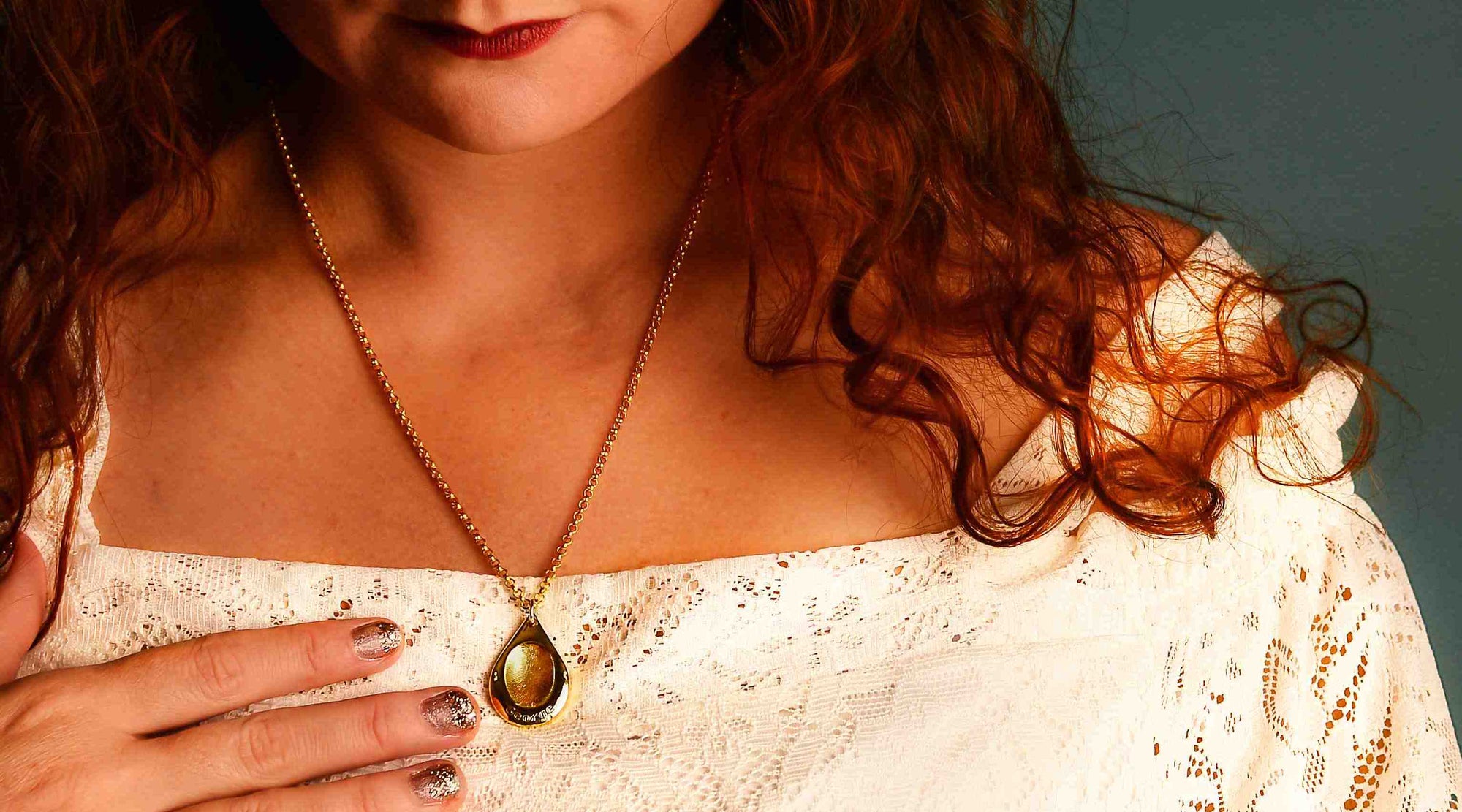 Gold, Teardrop-shaped Engraved Fingerprint Necklace | Personlised Necklaces | Sophia Alexander Fingerprint Jewellery | Handmade in Suffolk UK