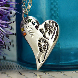 Rainbow Baby Necklace with Rainbow Birthstones | Silver Heart Necklace | Baby Handprint Footprint Necklace | Personalised Necklace | Sophia Alexander Fingerprint Jewellery | Handmade in Suffolk UK