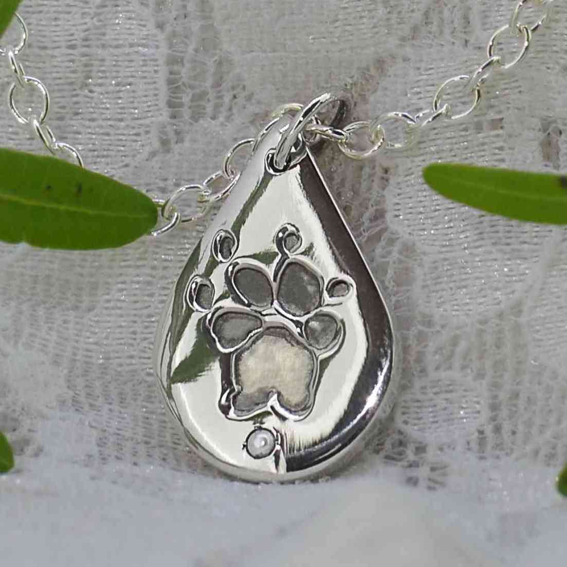 Silver Droplet Paw Print Necklace with Pearl | Personalised Pet Print Necklace | Sophia Alexander Fingerprint Jewellery | Handmade in Suffolk UK
