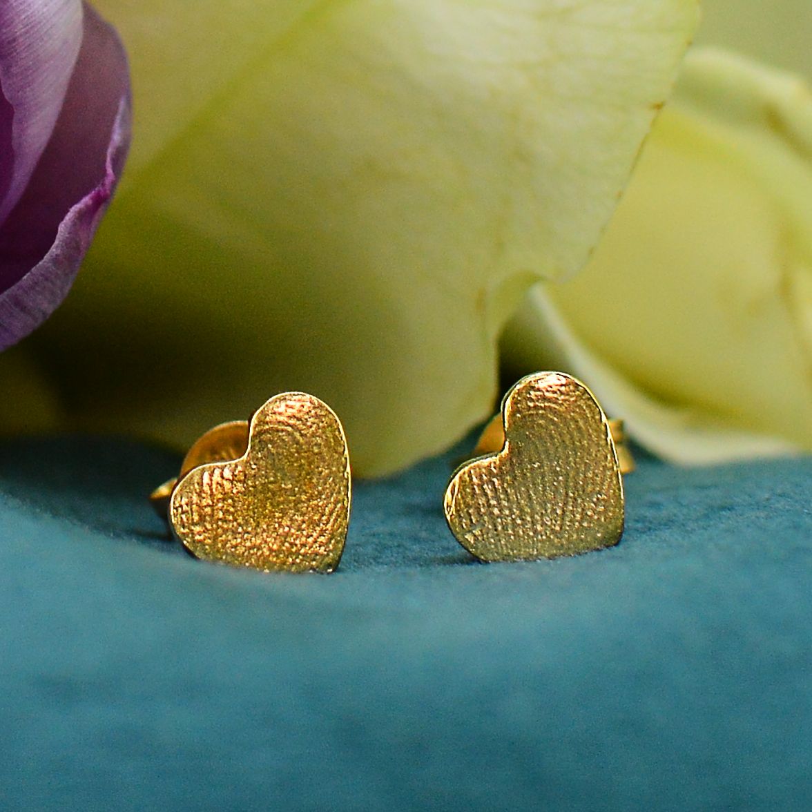 Heart Fingerprint Earrings in solid 18ct gold | Shown with 2 children's fingerprints | Custom made | Sophia Alexander Fingerprint Jewellery | Handmade in Suffolk UK