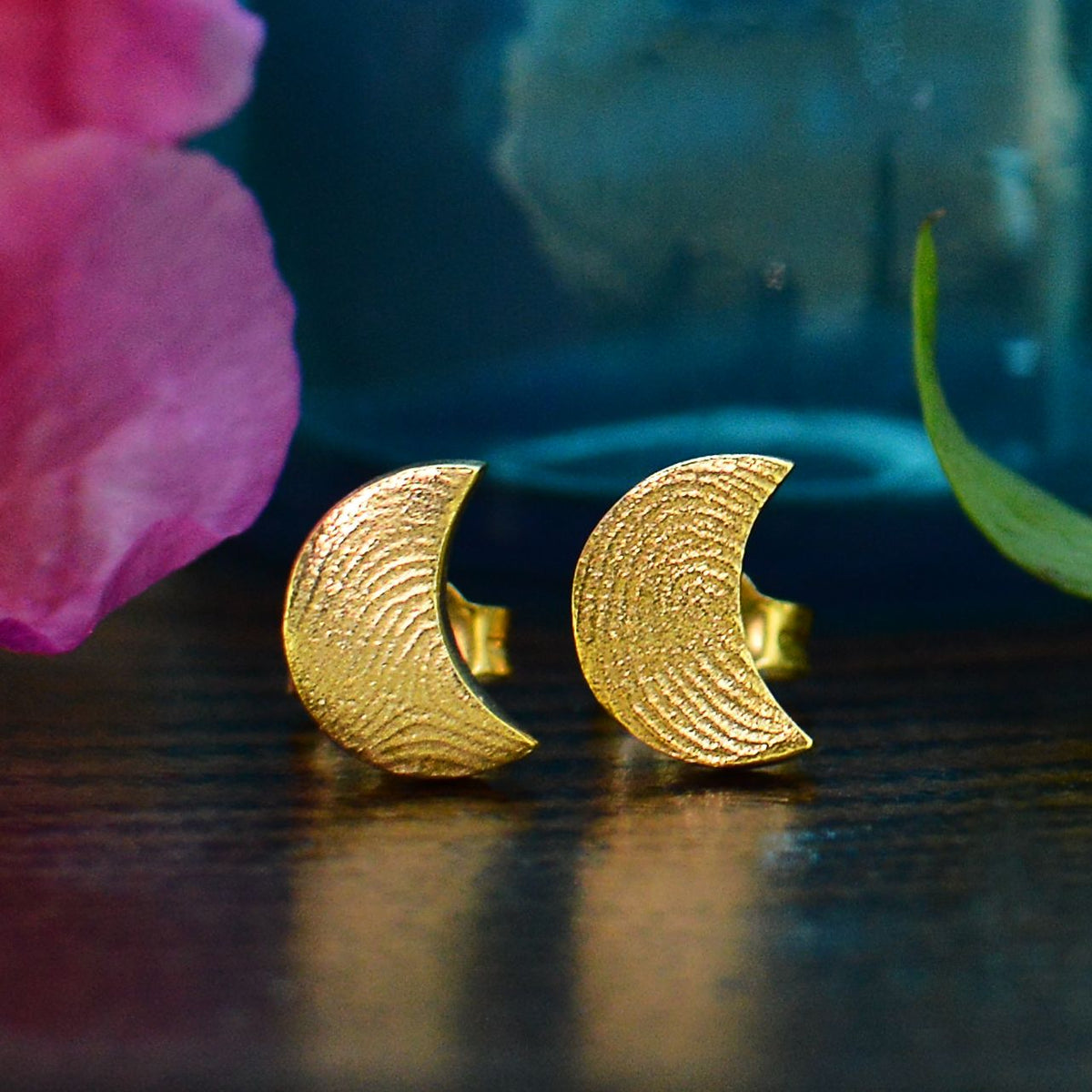 Moon Shaped Fingerprint Earrings in solid 18ct gold | Shown with 2 children's fingerprints | Custom made | Sophia Alexander Fingerprint Jewellery | Handmade in Suffolk UK