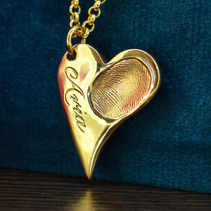 Gold Engraved Heart Fingerprint Necklace | Personalised Name Necklace | Sophia Alexander Fingerprint Jewellery | Handmade in Suffolk UK