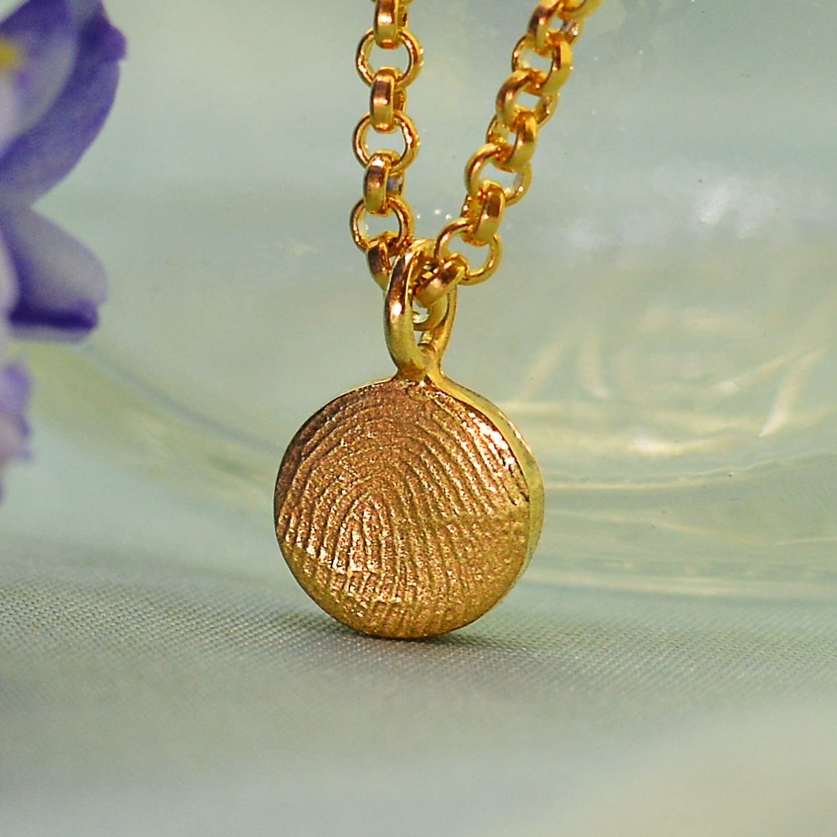 Gold Dainty Disc Fingerprint Necklace in solid 18ct gold |  Displayed on an 18ct gold belcher or rolo chain | Custom engraving on reverse | Personalised Necklace | Sophia Alexander Fingerprint Jewellery | Handmade in Suffolk UK