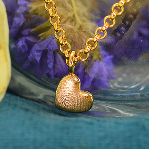 Gold Dainty Heart Fingerprint Necklace in solid 18ct gold | Displayed on an 18ct gold belcher or rolo chain | Custom engraving on reverse | Personalised Necklace | Sophia Alexander Fingerprint Jewellery | Handmade in Suffolk UK