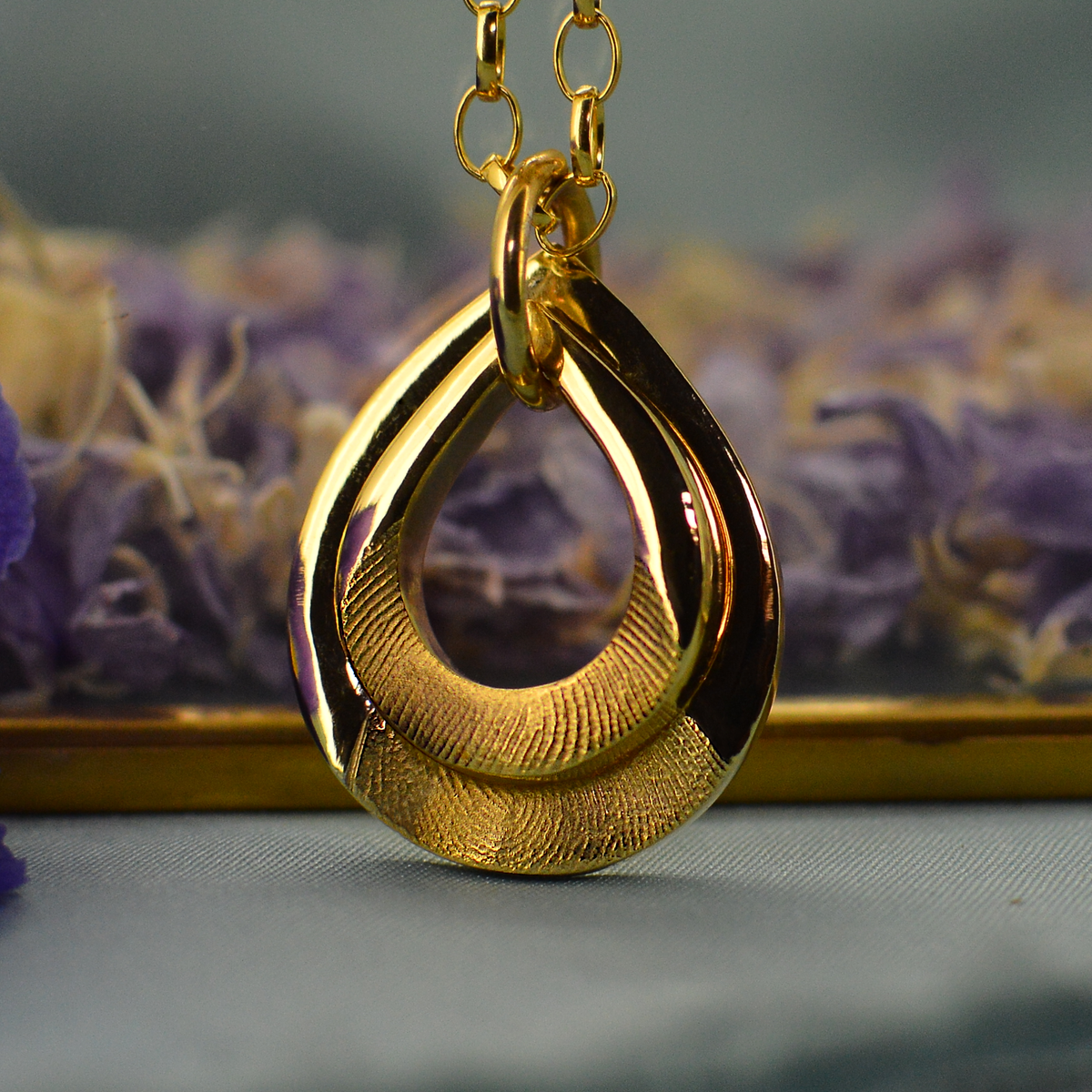 Solid Gold Open Raindrop Necklaces | Stacking Family Necklace Set | Petite and Large Necklaces with real Fingerprints | Personalised Family Necklaces | Sophia Alexander Fingerprint Jewellery | Handmade in Suffolk UK