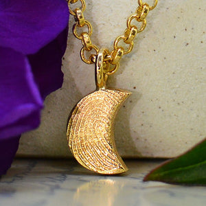 Gold Dainty Moon Fingerprint Necklace in solid 18ct gold | Displayed on an 18ct gold belcher or rolo chain | Custom engraving on reverse | Personalised Necklace | Sophia Alexander Fingerprint Jewellery | Handmade in Suffolk UK