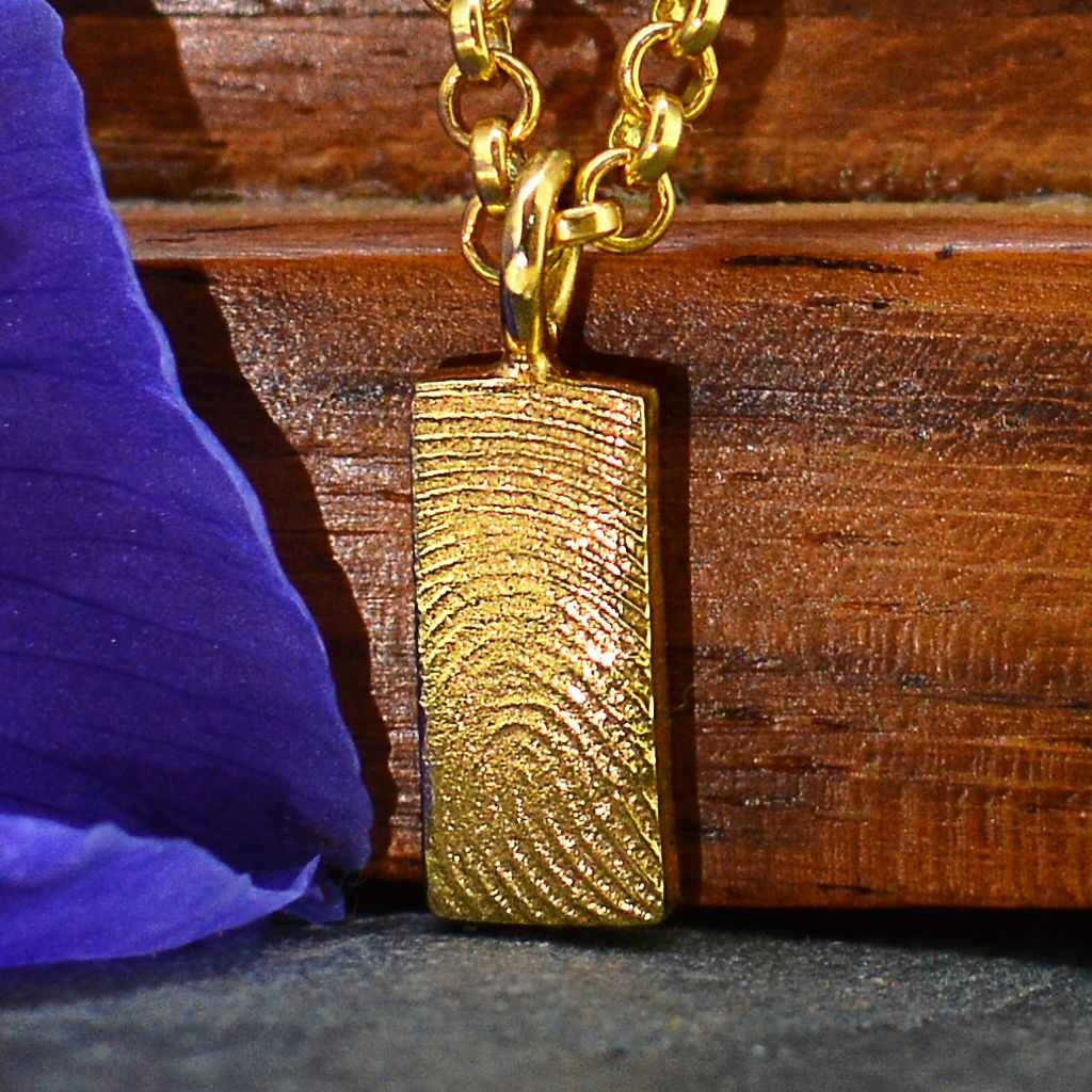 Gold Dainty Bar Fingerprint Necklace in solid 18ct gold | Displayed on an 18ct gold belcher or rolo chain | Custom engraving on reverse | Personalised Necklace | Sophia Alexander Fingerprint Jewellery | Handmade in Suffolk UK
