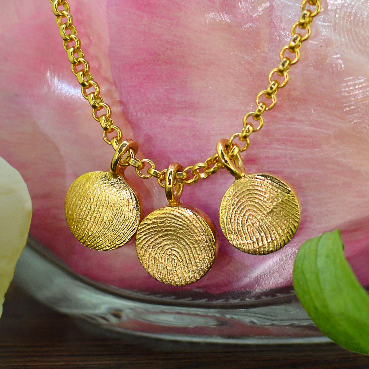 Three Family Dainty Disc Fingerprint Necklaces in solid 18ct gold | Necklace for Mum | Children's Fingerprints | Displayed on an 18ct gold belcher or rolo chain | Custom engraving on reverse | Personalised Necklace | Sophia Alexander Fingerprint Jewellery | Handmade in Suffolk UK