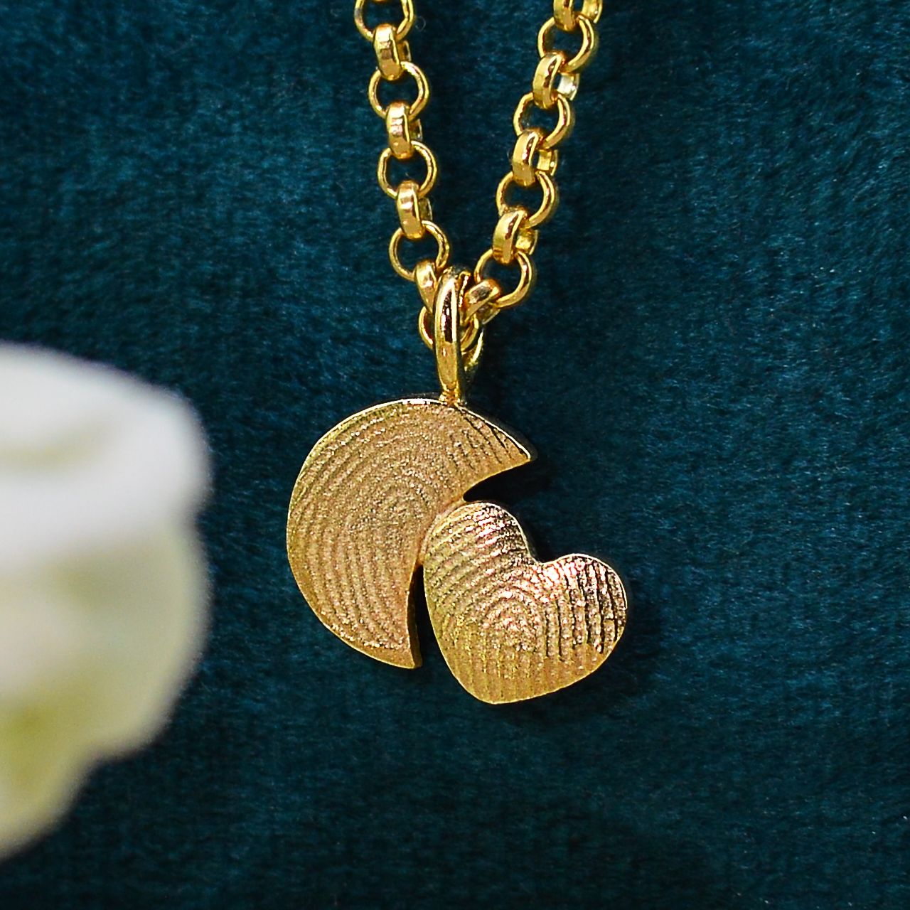 Family Fingerprint Necklace for Mum in solid 18ct gold | Moon and Heart Necklace | Displayed on an 18ct gold belcher or rolo chain | Custom engraving on reverse | Personalised Necklace | Sophia Alexander Fingerprint Jewellery | Handmade in Suffolk UK
