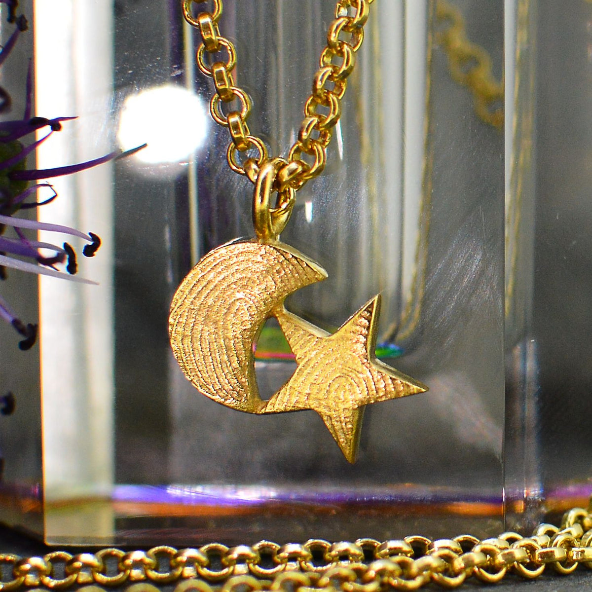 Family Fingerprint Necklace for Mum in solid 18ct gold | Moon and Star Necklace | Displayed on an 18ct gold belcher or rolo chain | Custom engraving on reverse | Personalised Necklace | Sophia Alexander Fingerprint Jewellery | Handmade in Suffolk UK