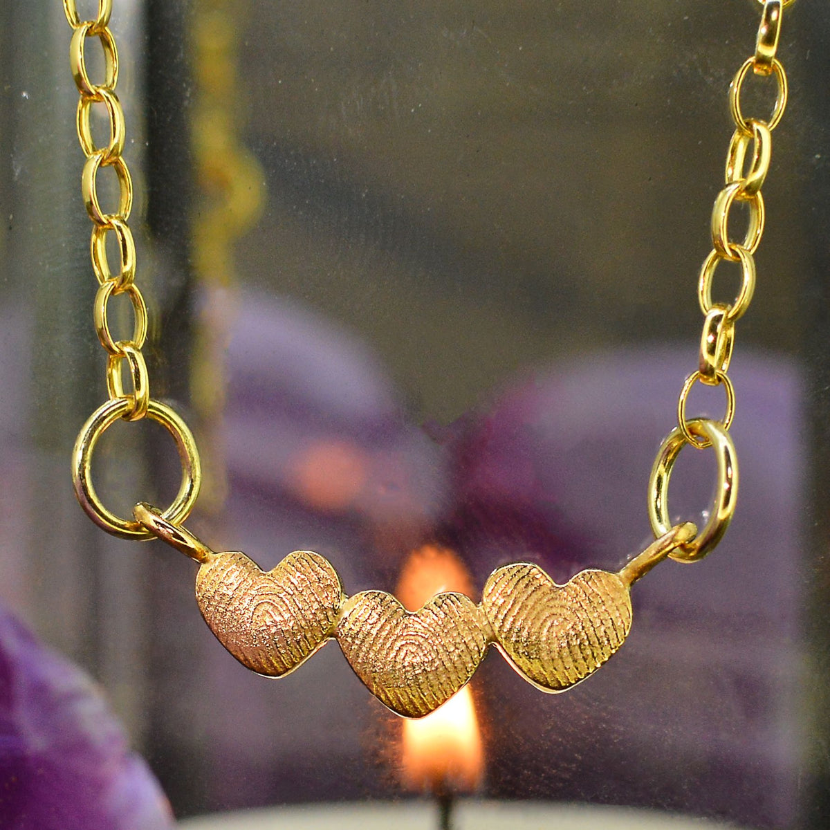 Family Fingerprint Necklace for Mum in solid 18ct gold | Triple Heart Necklace with children's fingerprints | Displayed on an 18ct gold belcher or rolo chain | Custom engraving on reverse | Personalised Necklace | Sophia Alexander Fingerprint Jewellery | Handmade in Suffolk UK