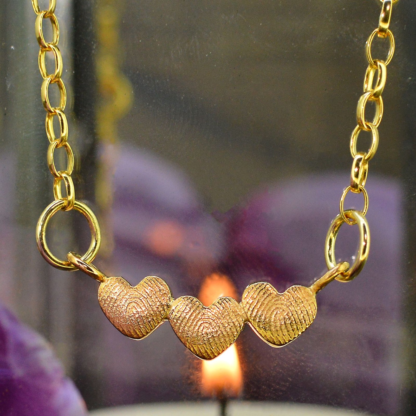 Family Fingerprint Necklace for Mum in solid 18ct gold | Triple Heart Necklace with children's fingerprints | Displayed on an 18ct gold belcher or rolo chain | Custom engraving on reverse | Personalised Necklace | Sophia Alexander Fingerprint Jewellery | Handmade in Suffolk UK