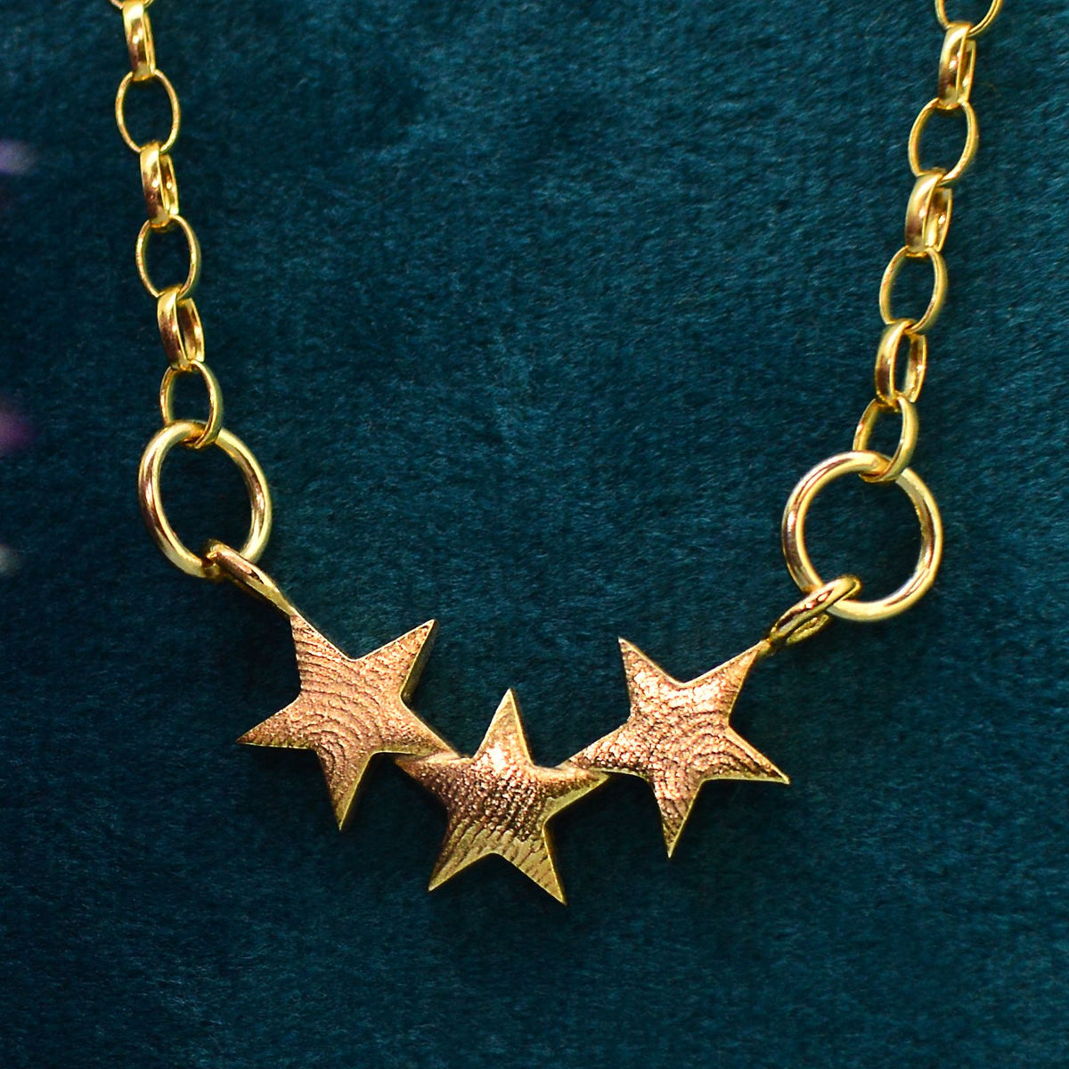 Family Fingerprint Necklace for Mum in solid 18ct gold | Star Necklace with fingerprints from three children | Displayed on an 18ct gold belcher or rolo chain | Custom engraving on reverse | Personalised Necklace | Sophia Alexander Fingerprint Jewellery | Handmade in Suffolk UK