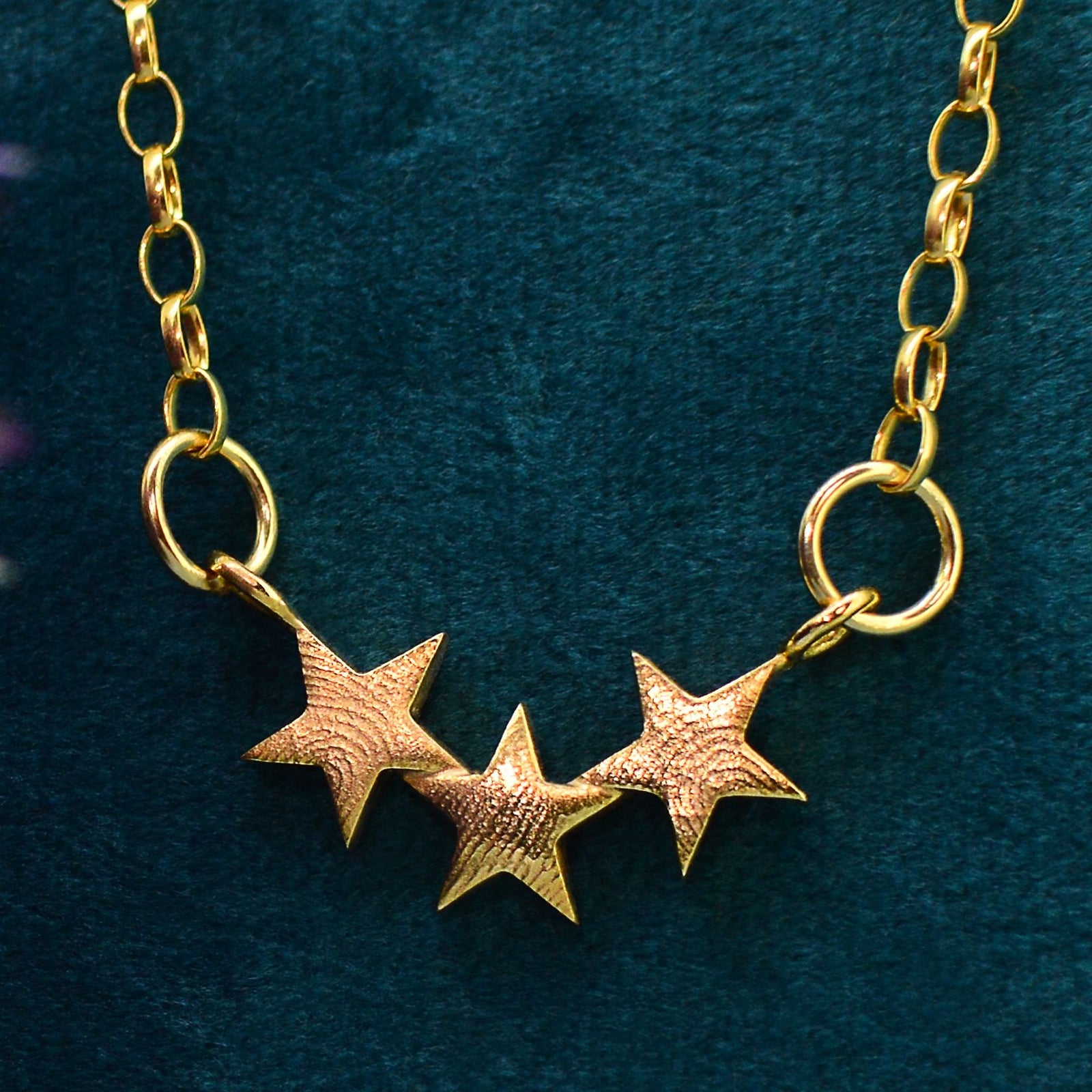 Family Fingerprint Necklace for Mum in solid 18ct gold | Star Necklace with fingerprints from three children | Displayed on an 18ct gold belcher or rolo chain | Custom engraving on reverse | Personalised Necklace | Sophia Alexander Fingerprint Jewellery | Handmade in Suffolk UK