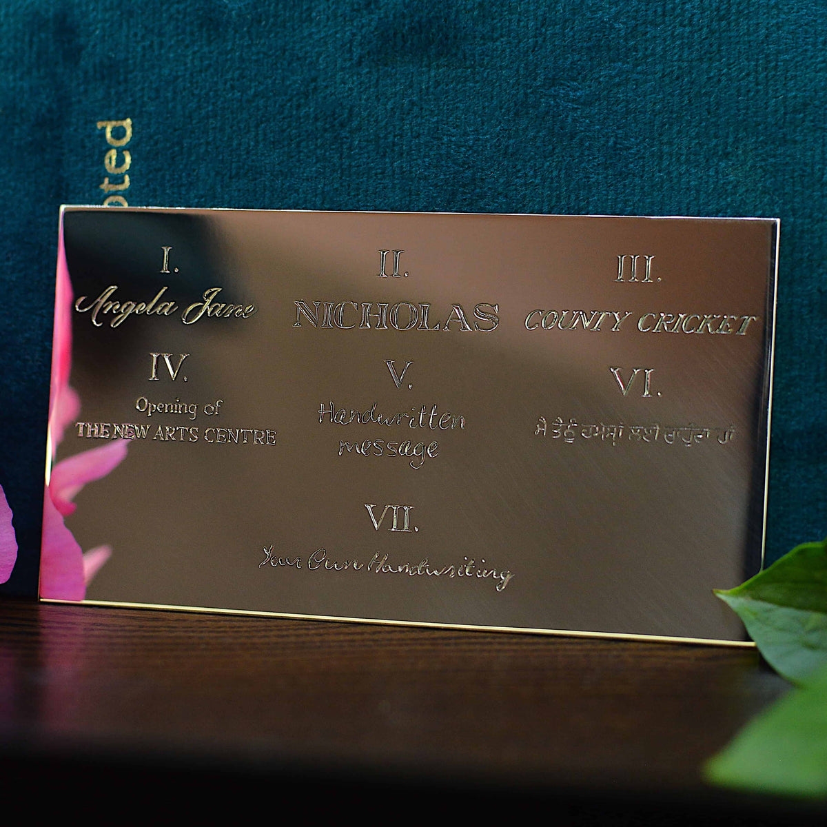 Sophia Alexander Engraving Style Sheet for Hand Engraved Jewellery | Fonts shown on a sheet of silver | Engraving Font Options for petite necklaces | Sophia Alexander Fingerprint Jewellery | Handmade in Suffolk UK