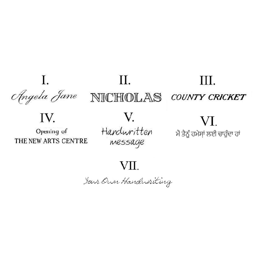 Sophia Alexander Engraving Style Sheet for Hand Engraved Jewellery | Fonts shown in black ink on white paper | Engraving Font Options for large necklaces | Sophia Alexander Fingerprint Jewellery | Handmade in Suffolk UK