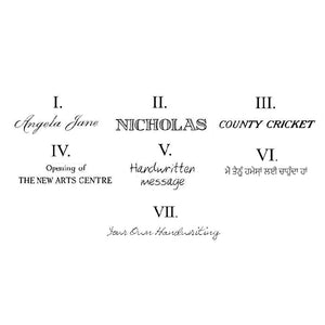 Sophia Alexander Engraving Style Sheet for Hand Engraved Jewellery | Fonts shown in black ink on white paper | Engraving Font Options for custom beads | Sophia Alexander Fingerprint Jewellery | Handmade in Suffolk UK