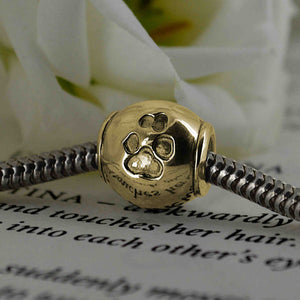 Gold Charm Bead with Dog Pawprint | Charm Bracelets | Sophia Alexander Fingerprint Jewellery | Handmade in Suffolk UK