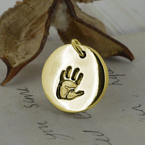 Gold Round Disc Handprint Charm | Charm Bracelets | Sophia Alexander Fingerprint Jewellery | Handmade in Suffolk UK