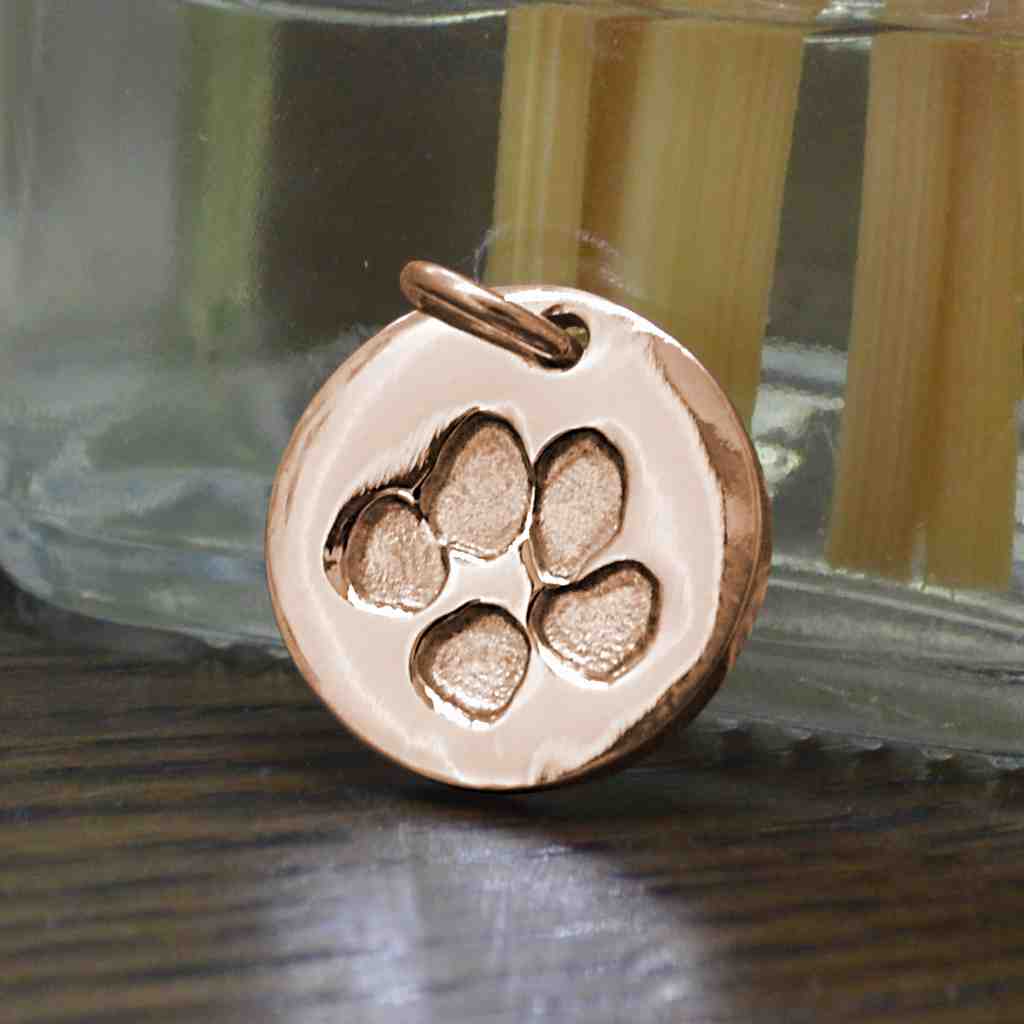 Rose Gold Round Disc Charm with Dog Pawprint | Charm Bracelets | Sophia Alexander Fingerprint Jewellery | Handmade in Suffolk UK